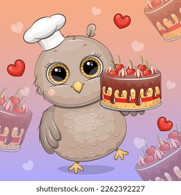 Cute chef owl in chef's hat is holding a cake. Vector animal illustration on a colorful background with cakes and hearts.