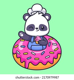 Cute Chef Panda With Donut Holding Cake Cartoon Vector Icon Illustration. Animal Food Icon Concept Isolated Premium Vector. Flat Cartoon Style