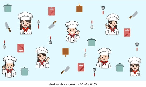 Cute Chef Pattern with Kitchen Tools in Light Blue Background for Culinary Themed Design