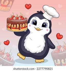 Cute chef penguin in chef's hat is holding a cake. Vector animal illustration on a red background with cakes and hearts.