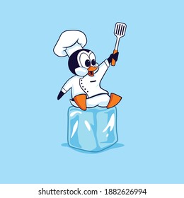 Cute Chef Penguin Mascot Sit On Ice Block