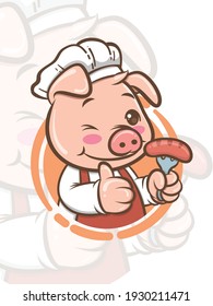 Cute chef pig cartoon character holding grill sausage - mascot and illustration