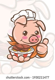 Cute chef pig cartoon character presenting Cantonese pork food - mascot and illustration