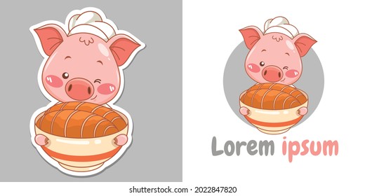 cute chef pig cartoon character presenting Crispy Pork Belly food - mascot and illustration