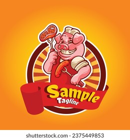 Cute chef pig cartoon character holding grill sausage