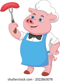cute chef pig cartoon holding sausage