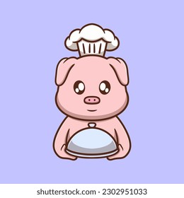 Cute Chef Pig Cartoon Vector Icon Illustration. Animal Nature Icon Concept Isolated Premium Vector. Flat Cartoon Style