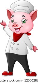 Cute chef pig cartoon waving