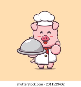 Cute chef pig character illustration. Vector isolated flat illustration for poster, brochure, web, mascot, sticker, logo and icon.