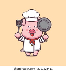 Cute chef pig character illustration. Vector isolated flat illustration for poster, brochure, web, mascot, sticker, logo and icon.