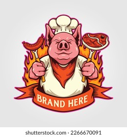 Cute chef pig delicious barbeque meat logo cartoon illustrations vector for your work, merchandise t-shirt, stickers and label designs, poster, greeting cards advertising business company or brands