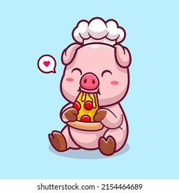 Cute Chef Pig Eating Pizza Cartoon Vector Icon Illustration. Animal Food Icon Concept Isolated Premium Vector. Flat Cartoon Style