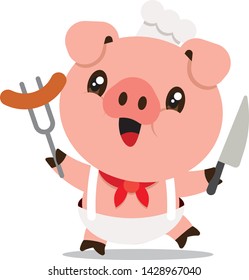 Cute chef pig holding knife and fork with big sausage. Happy pig character illustration - Flat art vector