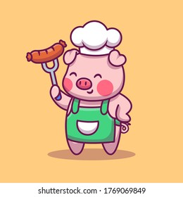 Cute Chef Pig Holding Sausage Cartoon Vector Icon Illustration. Animal Food Icon Concept Isolated Premium Vector. Flat Cartoon Style