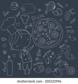 Cute chef with pizza and ingredients, vector illustration 