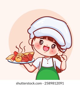 Cute chef presenting deep fried meatballs logo cartoon design. Look-chin-tod street food Thailand. Hand drawn vector illustration premium.