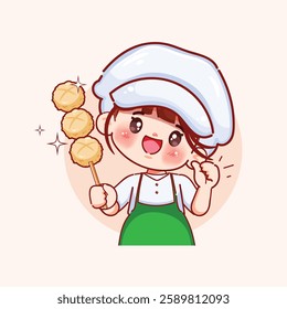 Cute chef presenting deep fried meatballs logo cartoon design. Look-chin-tod street food Thailand. Hand drawn vector illustration premium.