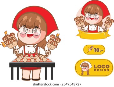 Cute chef presenting meatball grill with spicy sauce logo cartoon design. Hand drawn vector illustration premium