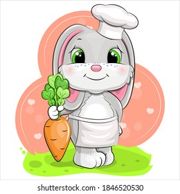 Cute chef rabbit in cook hat with carrot. Vector illustration of animal.