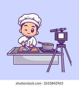 Cute Chef Recording Cooking Fish With Camera Cartoon Vector Icon Illustration. People Food Icon Concept Isolated Premium Vector. Flat Cartoon Style