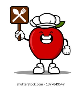 lindo chef de caricatura de manzana roja personaje de mascota expresión graciosa que muestra el símbolo del restaurante