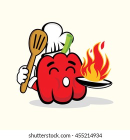 Cute Chef Red Paprika With Hot Fire
