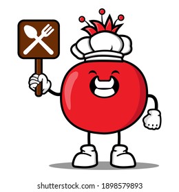 cute chef red pomegranate cartoon mascot character funny expression showing restaurant symbol