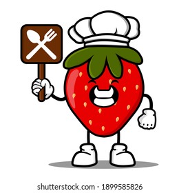 cute chef red strawberries cartoon mascot character funny expression showing restaurant symbol