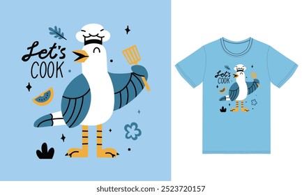 Ilustração de gaivota chef bonito com vetor de design de camisa o conceito de tecnologia isolada. Estilo de Desenho Animado Plano Adequado para Landing Web Pages, Camiseta, Panfletos, Adesivos