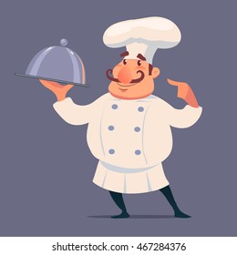 cute chef serving the dish, cartoon style, funny character, vector illustration