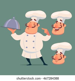 cute chef serving the dish, cartoon style, funny character, emotions, head, vector illustration