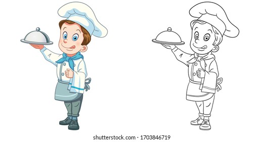 Cute chef serving a dish. Coloring page and colorful clipart character. Cartoon design for t shirt print, icon, logo, label, patch or sticker. Vector illustration.