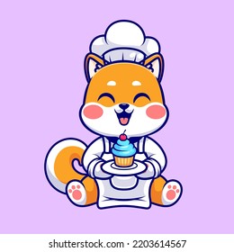 Cute Chef Shiba Inu Dog Cooking Cake Cartoon Vector Icon Illustration. Animal Food Icon Concept Isolated Premium Vector. Flat Cartoon Style