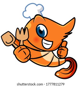 Cute Chef Shrimp turner holdervector icon cartoon character logo illustration doodle, Orange color, Black color line and white hat chef