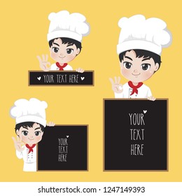 Cute chef and space blackboard for take a text to the customer or message for menu food.