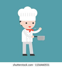 Cute chef tasting food while holding saucepan and spoon