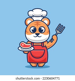 Cute Chef Tiger Grill Meat Cartoon Vector Illustration