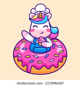 Cute Chef Unicorn With Doughnut Holding Cake Cartoon Vector Icon Illustration. Animal Food Icon Concept Isolated Premium Vector. Flat Cartoon Style