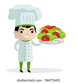 cute chef with vegetables salad