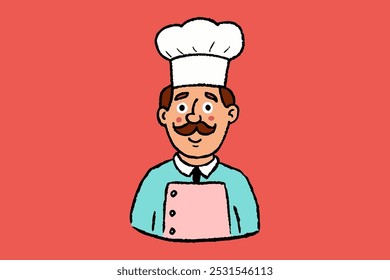 Cute chef in white cooking hat. Man with mustaches vector illustration