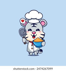 Lindo chef tigre blanco haciendo pastel de Ilustración vectorial de dibujos animados de la masa. 
Vector de dibujos animados Ilustración adecuada para el cartel, folleto, Web, mascota, etiqueta engomada, logotipo e icono.