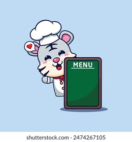 Cute chef white tiger with menu board cartoon vector illustration. 
Vector cartoon Illustration suitable for poster, brochure, web, mascot, sticker, logo and icon.