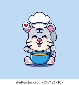 Cute chef white tiger with soup cartoon vector illustration. 
Vector cartoon Illustration suitable for poster, brochure, web, mascot, sticker, logo and icon.