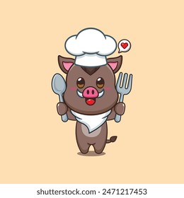 Cute chef wild boar holding spoon and fork cartoon vector illustration. 
Vector cartoon Illustration suitable for poster, brochure, web, mascot, sticker, logo and icon.