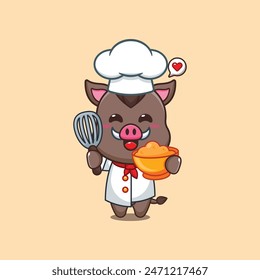 Lindo chef jabalí haciendo pastel de Ilustración vectorial de dibujos animados de la masa. 
Vector de dibujos animados Ilustración adecuada para el cartel, folleto, Web, mascota, etiqueta engomada, logotipo e icono.