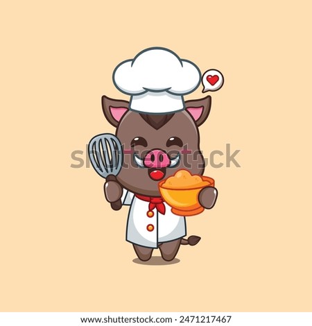 Cute chef wild boar making cake batter cartoon vector illustration. 
Vector cartoon Illustration suitable for poster, brochure, web, mascot, sticker, logo and icon.