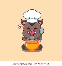 Cute chef wild boar with soup cartoon vector illustration. 
Vector cartoon Illustration suitable for poster, brochure, web, mascot, sticker, logo and icon.