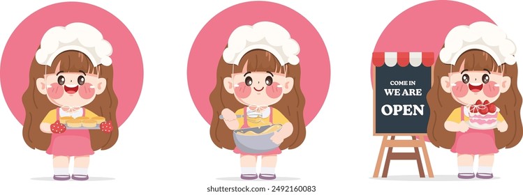 Cute chef woman in uniform character holding a chiffon cake. Design for sticker label design.