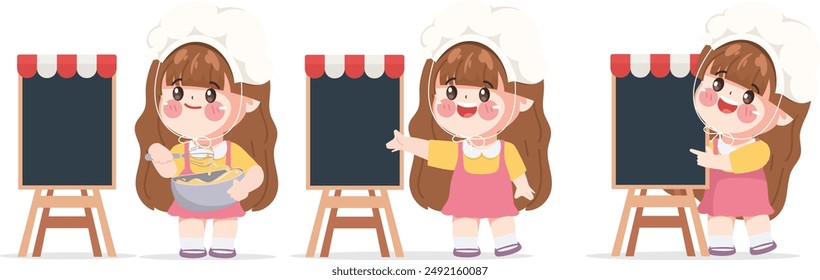 Cute chef woman in uniform character present menu sign. Design for promote bakery shop or food store.

