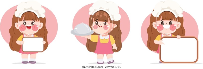 Cute chef woman in uniform character present menu sign. Design for promote bakery shop or food store.